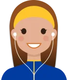 Light skin female with ginger/blond hair, gold headband, headphones and a blue top