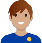 Asian male with medium length hair, blue top and a gold badge