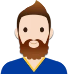 White male with short brown hair and a beard. Blue top, gold collar