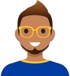 Black male with gold glasses, goatee beard and a blue top with gold collar