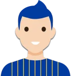 White male with blue hair and a blue top with gold vertical stripes